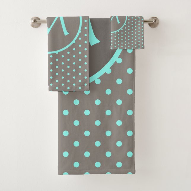 Turquoise polka dots monogrammed grey bath towel set (Insitu)