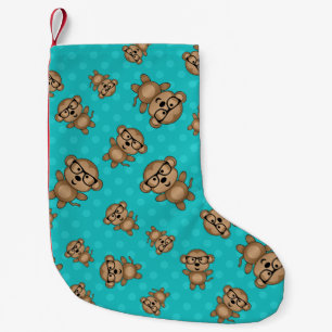 Turquoise polka dots nerd monkey small christmas stocking