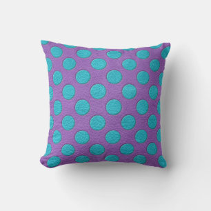 Turquoise Polka Dots on Purple Leather print Throw Pillow