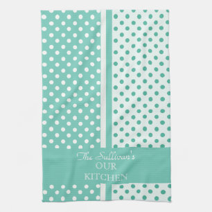 Turquoise Polka Dots Personalized Kitchen Towels