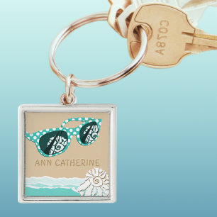 Turquoise Polka Dots Sun Glasses Beach Shell Name  Keychain