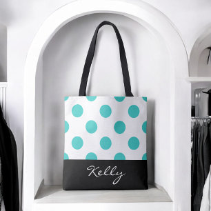Turquoise Polka Dots with Monogram Tote Bag