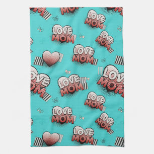 Turquoise Pop Art MOM Hearts Pattern Kitchen Towel