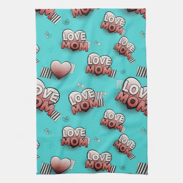 Turquoise Pop Art MOM Hearts Pattern Kitchen Towel (Vertical)