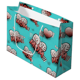 Turquoise Pop Art MOM Hearts Pattern Large Gift Bag
