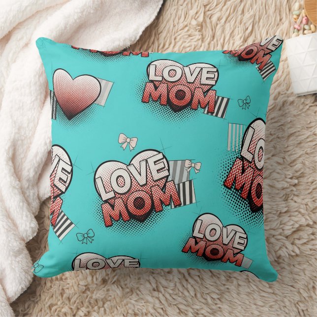 Turquoise Pop Art MOM Hearts Pattern Throw Pillow (Blanket)
