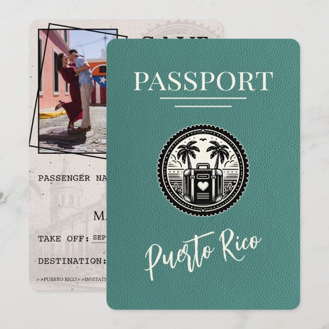 Turquoise Puerto Rico Passport Save The Date (Front/Back)
