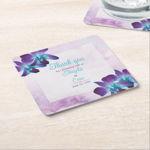 Turquoise Purple Blue Dendrobium Orchid Wedding Square Paper Coaster