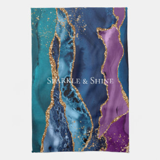 Turquoise Purple Blue Gold Glitter Marble Kitchen Towel