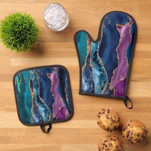 Turquoise Purple Blue Gold Glitter Marble Oven Mitt & Pot Holder Set