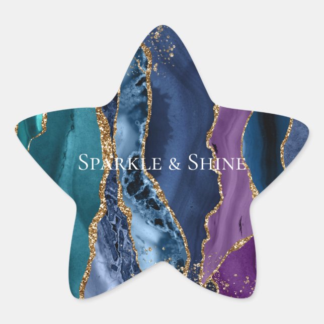 Turquoise Purple Blue Gold Glitter Marble Star Sticker (Front)