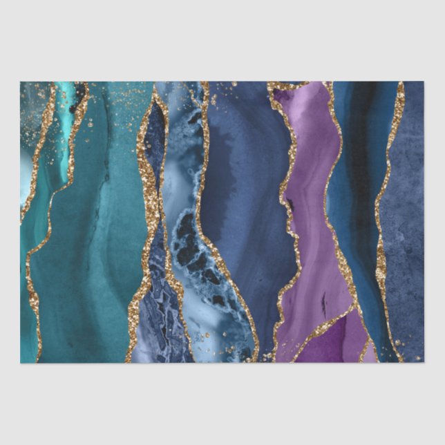 Turquoise Purple Blue Gold Glitter Marble Tissue Paper (Front)