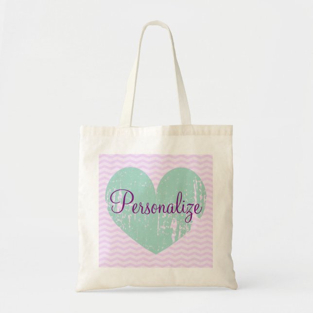 Turquoise purple chevron heart bridesmaid tote bag (Front)