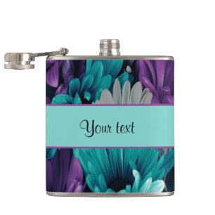 Turquoise & Purple Daisies Hip Flask