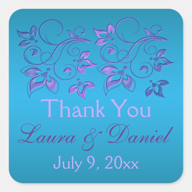 Turquoise, Purple Floral 1.5" sq. Wedding Sticker (Front)