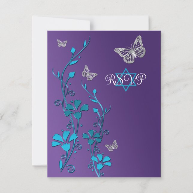 Turquoise, Purple Floral, Butterflies RSVP Card (Front)