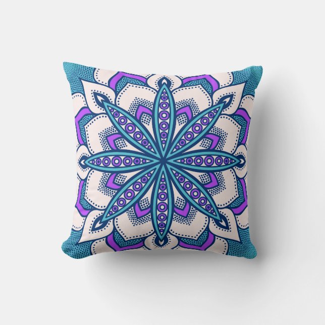 Turquoise Purple Flower Mandala Throw Pillow (Front)