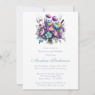 Turquoise Purple Flowers Peony Brunch and Bubbly  Invitation