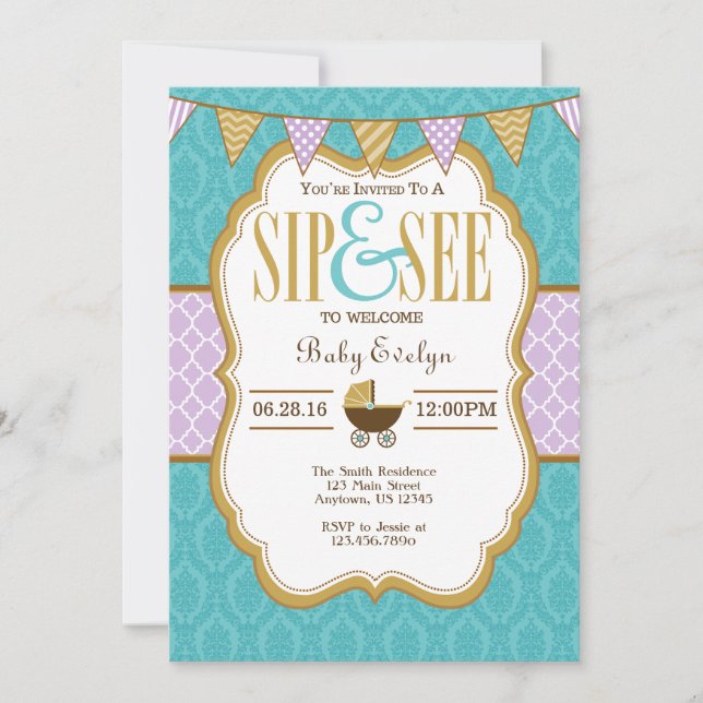 Turquoise Purple Gold Sip Et Voir Invitation (Devant)