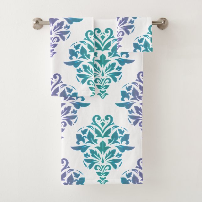 Turquoise Purple Gradient Damask Print Towlet Set (Insitu)