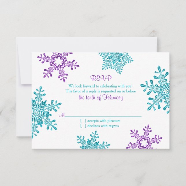 Turquoise Purple Snowflake Winter Wedding RSVP (Front)