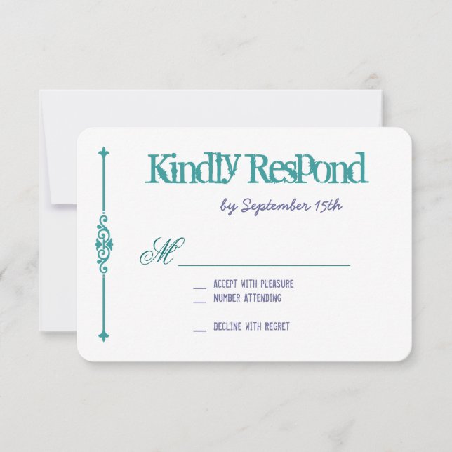 Turquoise Purple Typography Wedding RSVP Cards (Front)