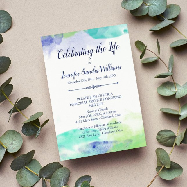 Turquoise & Purple Watercolor Celebration of Life Invitation (Creator Uploaded)