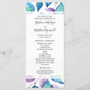Turquoise Purple Watercolor Leaf Wedding Ceremony Program