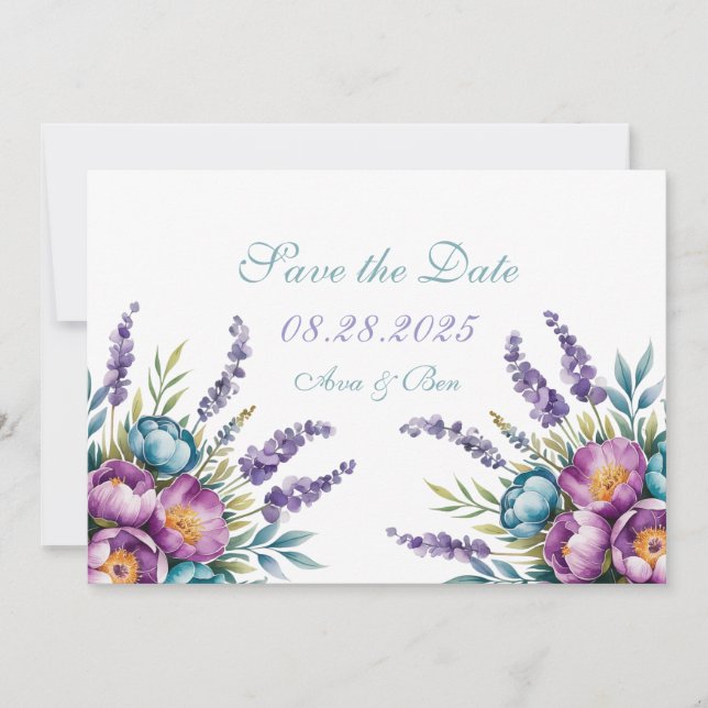 Turquoise Purple Wildflowers Wedding Save The Date (Front)