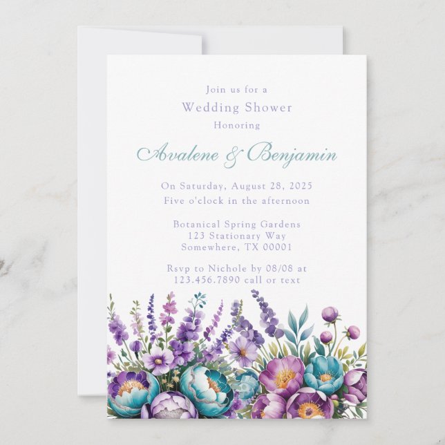 Turquoise Purple Wildflowers Wedding Shower Invitation (Front)