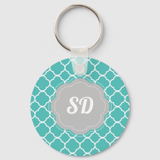 Turquoise Quatrefoil Custom Monogram Keychain (Front)