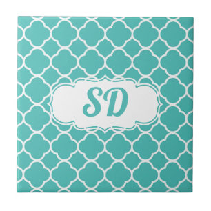 Turquoise Quatrefoil Custom Monogram Tile