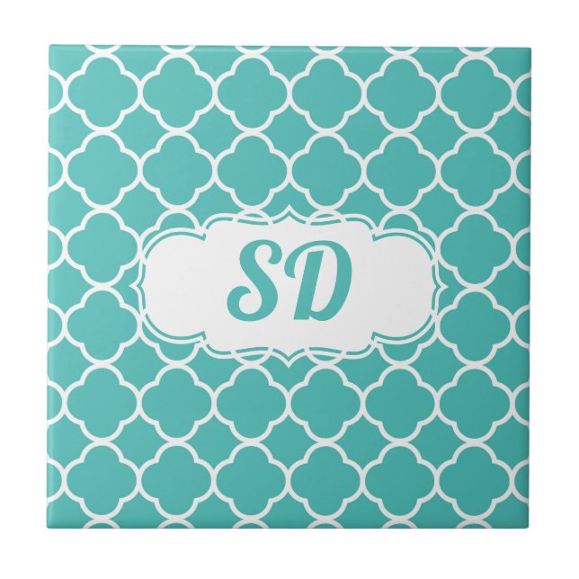 Turquoise Quatrefoil Custom Monogram Tile (Front)