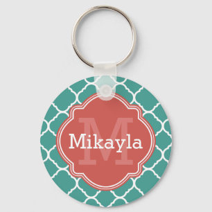 Turquoise Quatrefoil Pattern Coral Monogram Keychain