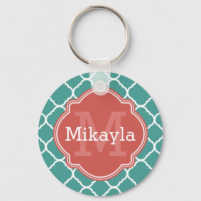 Turquoise Quatrefoil Pattern Coral Monogram Keychain (Front)