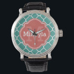 Turquoise Quatrefoil Pattern Coral Monogram Watch<br><div class="desc">A chic,  girly,  trendy,  Moroccan quatrefoil lattice pattern in turquoise and white with a dark coral quatrefoil shape monogram nameplate.</div>