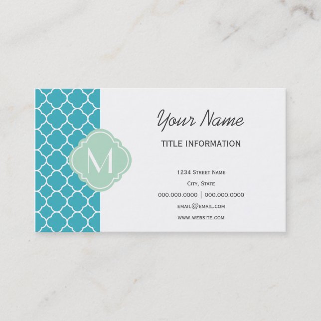 Turquoise Quatrefoil Pattern with Monogram Business Card (Front)