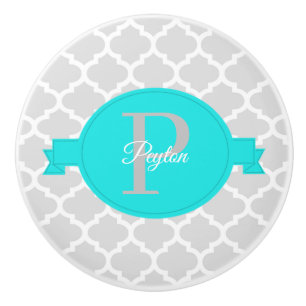 Turquoise Quatrefoil Personalized Ceramic Knob