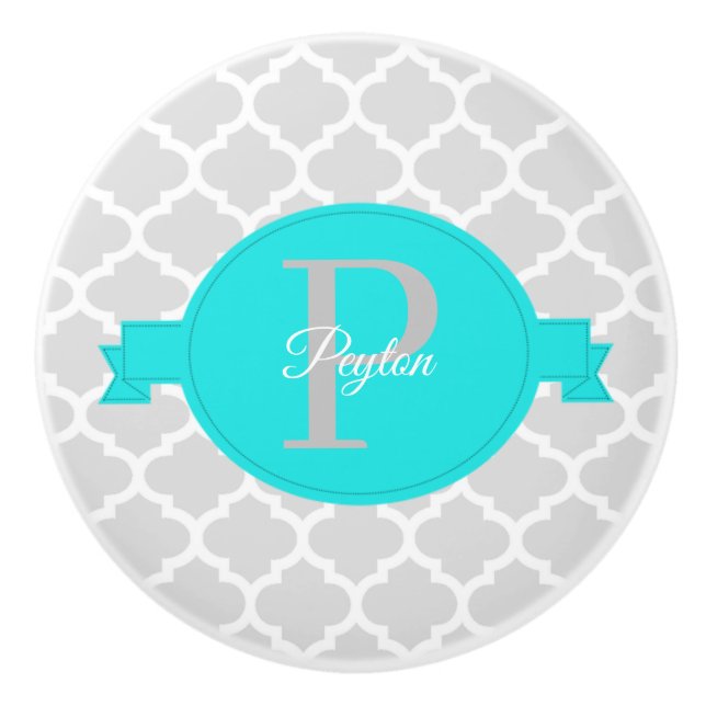 Turquoise Quatrefoil Personalized Ceramic Knob (Front)
