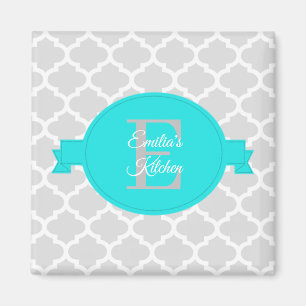 Turquoise Quatrefoil Personalized Magnet