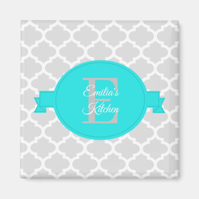Turquoise Quatrefoil Personalized Magnet (Front)