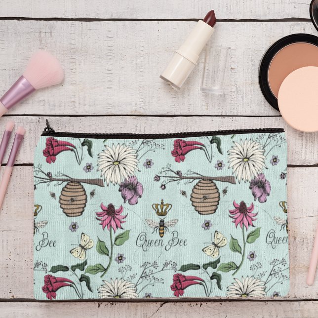 Turquoise Queen Bee & Gold Crown Accessory Pouch (Chic & Trendy Queen Bee & Exotic Flowers Makeup or Accessory Pouch. Elegant Turquoise Background.)