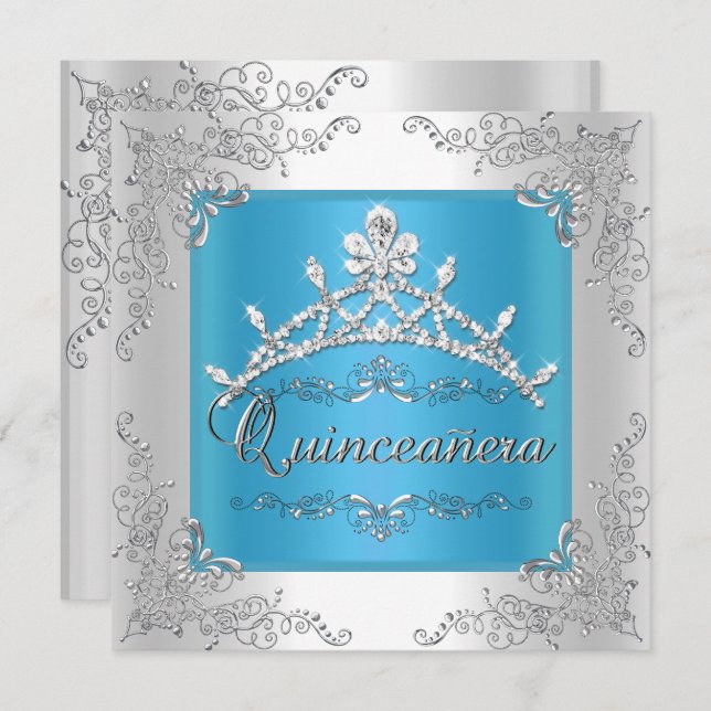 Turquoise Quinceanera 15th Birthday Silver Tiara Invitation (Front/Back)