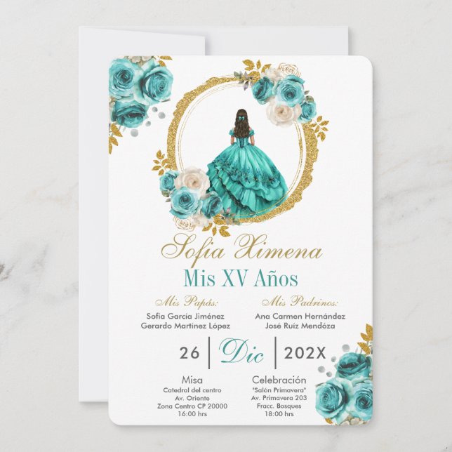 Turquoise Quinceañera Invitation (Devant)