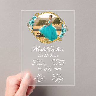 Turquoise quinceañera with picture invitation
