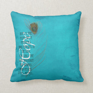 Turquoise Quote Peacock Feather Throw Pillow