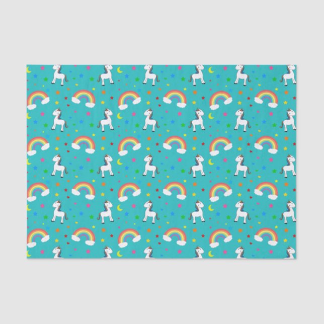 Turquoise rainbow unicorn hearts stars pattern tissue paper (Front)