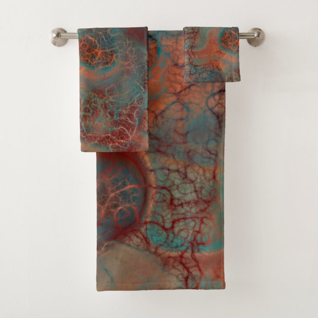 Turquoise, red and Rust Marble abstract Bath Towel Set (Insitu)
