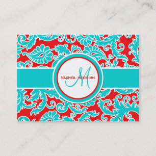 Turquoise, Red, and White Damask Business Card