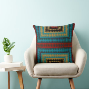Turquoise red and yellow geometric throw pillow